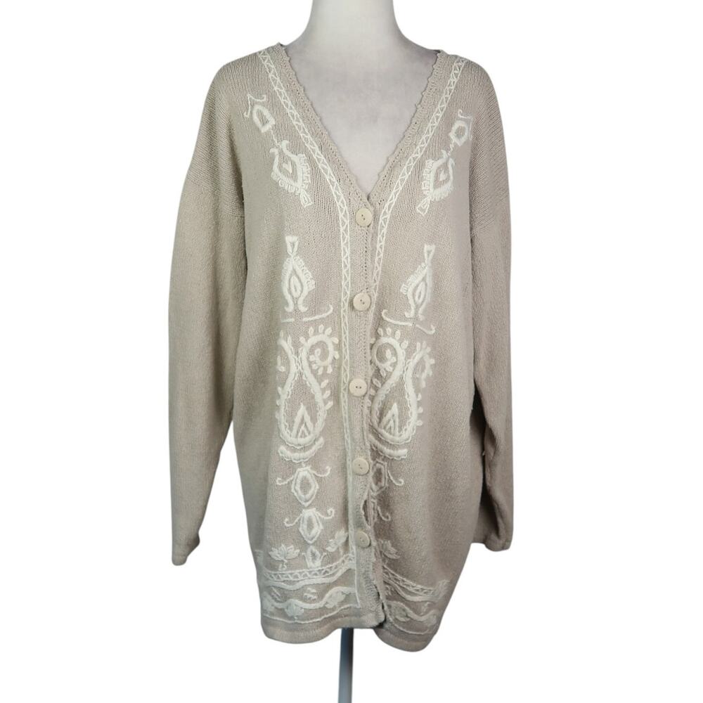 Vintage 90s Marks & Spencer Beige Cream Embroidered Silk Knit Cardigan Sweater